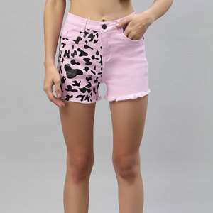 <b>Women's</b> High Waist Pink Denim <b>Shorts</b> With <b>Black</b> Animal Print Distressed Hem Five Pocket Casual Style - Product Image 1