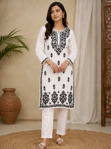 Trending <b>Women</b> White Chikankari Hand Embroidered Cotton Straight <b>Kurti</b> with Black Floral Embroidery Ethnic Yoke Neck Kurta Top - Product Image 1