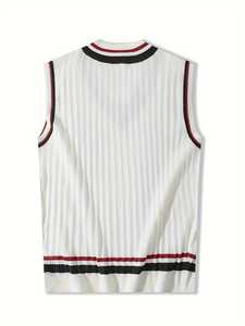 Chaleco de Punto Trenzado con Cuello en V para Hombre, Estilo Preppy Británico, Chaleco Deportivo sin Mangas, con Ribete a Rayas en Contraste, Informal - Product Image 2