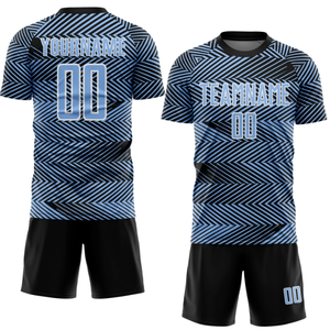 Conjunto de Uniforme de Fútbol Sublimado Personalizado, Azul y Negro con Patrón Geométrico, Cuello Redondo, Manga Corta, Absorbe la Humedad, para Hombre Adulto, Todas las Temporadas - Product Image 1