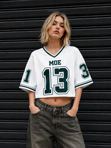 Y2K Bling Crop <b>Top</b> <b>White</b> Mesh <b>Embellished</b> Crystal Number Streetwear Women American Football Jersey Custom Logo ODM OEM Factory - Product Image 5