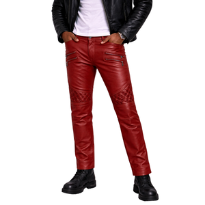 Pantalones de Motociclista Rojos para Hombre, Corte Ajustado, Bolsillos con Cremallera, Rodillas Acolchadas, Estilo Moto, Moda Urbana - Product Image 1