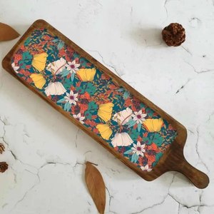 Natural Wooden Handmade Rectangular Eco-Friendly Serving Tray Floral Printed Dishwasher <b>Microwave</b> Safe for Catering Restaurants - Product Image 1