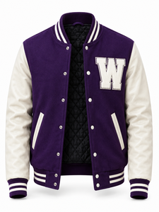 Unisex <b>Purple</b> <b>Varsity</b> <b>Jacket</b> for PU Sleeves Embroidered W Letter Patchwork Eco-Friendly Streetwear Turn-down Collar Winter - Product Image 4