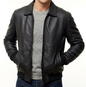 Blouson aviateur en cuir véritable noir pour homme avec poignets en tricot côtelé - Blouson d'hiver écologique, respirant, coupe-vent et confortable - Product Image 3