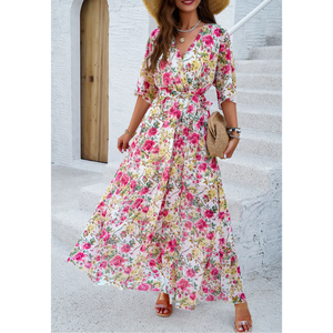 Robe longue en mousseline à imprimé floral, col en V, style cache-cœur, avec fente latérale, manches trois quarts, coupe ample, romantique, pour femme, idéale pour l'été - Product Image 5