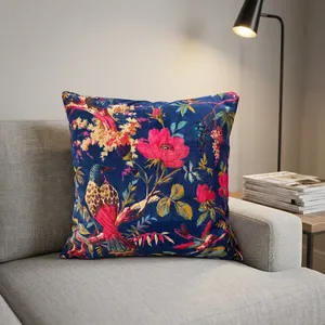 Navy <b>Blue</b> Velvet Cushion Cover with Bird and Floral Print Decorative <b>Throw</b> Pillow for Sofa Bedroom and Home Decor - Product Image 1