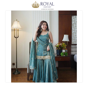 Traje Sharara de Seda Pura Fendi para Mujer, Colección de Diseñador de Ropa India para Fiestas, con Bordado de Lentejuelas, en Venta - Product Image 4