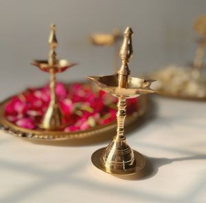 Designer Brass Diya Lamp Set with Unique Back Structure, Multi Wick Oil Lamp for <b>Home</b> <b>Temple</b>, Puja Rituals and Decoration - Product Image 5