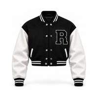 Jaket Varsity Bordir Chenille Kustom Hitam Putih Desain Logo Huruf R di Bagian Belakang Lengan Panjang Kerah Lipat Kancing Penutup