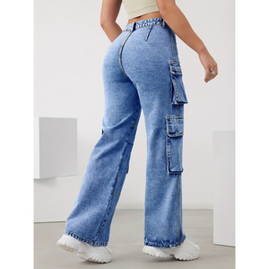 Pantalones Cargo de Mezclilla Azul con Lavado Ácido para Mujer, Cintura Alta, Corte Holgado, Estilo Urbano - Product Image 4