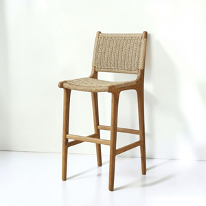 Tabouret de bar en teck massif avec assise et dossier en corde tressée à la main, style scandinave, côtier, bohème, pour îlot de cuisine, bar à domicile, restaurants, Jepara - Product Image 5