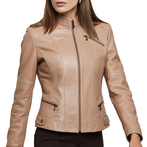 Chaqueta de Motociclista de Cuero Genuino para Mujer, Manga Larga, Cierre de Cremallera, Cuello Alto, Estilo Otoñal - Product Image 1