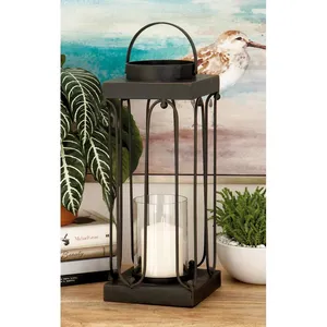 Square Metal Lantern Candle Holder Set <b>Black</b> <b>Outdoor</b> Indoor Home Decoration 24 and 19 Inch - Product Image 6
