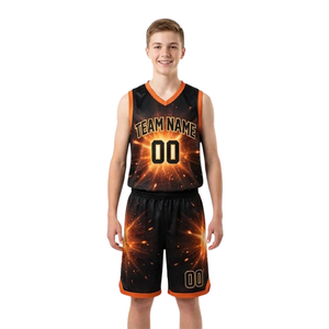 Conjunto de uniforme de baloncesto para niños, camiseta sin mangas con cuello en V, pantalones cortos a juego, estampado Energy Burst, nombre del equipo personalizado, número del jugador - Product Image 1