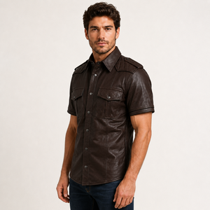 <b>Mens</b> Vintage <b>Brown</b> Leather <b>Shirt</b> Short Sleeve Genuine Cowhide Button Casual Biker Quilted Shoulders Double Flap Anti-UV - Product Image 4