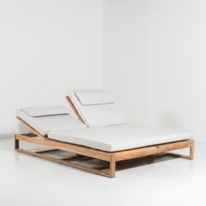 Chaise longue double d'extérieur en bois massif, style moderne et minimaliste, avec deux dossiers réglables et cadre à lattes, pour patio et jardin - Product Image 2