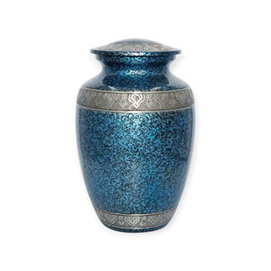 Urna Funeraria Moderna Azul con Motivo de Hojas Plateadas para Cenizas de Adultos, Recuerdo y Memorial - Product Image 1