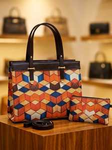 Sac fourre-tout géométrique 3D en jacquard fait main avec pochette assortie - Product Image 3