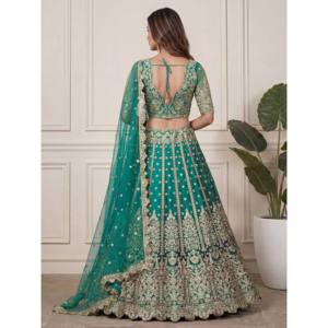 Ethnic Scarves & <b>Shawls</b> Beautiful Green Embroidered Soft Net Lehenga Choli - Product Image 3