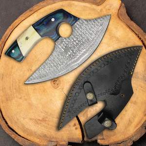 Forged Damascus Steel Alaskan Ulu Pizza Cutter <b>Knife</b> Bone and Wood Handle Leather <b>Sheath</b> Handmade OEM Professional Ambidextrous - Product Image 4