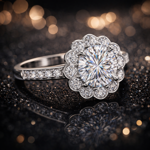 Anillo de Compromiso de Lujo con Halo Floral de Diamantes Redondos, Chapado en Oro de 14k, Aleación de Oro Blanco - Product Image 4