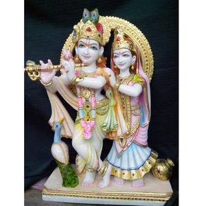 Belle statue en marbre blanc poli du dieu et de la déesse hindous Radha et Krishna, main en position de bénédiction, utilisée pour le culte et la décoration de la maison - Product Image 4