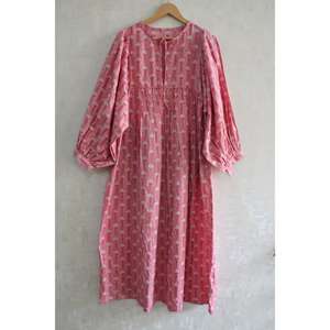 Vestido de Algodón con Estampado de Bloques para Mujer, Hecho a Mano, Estilo Boho Ético, Ligero, Transpirable, de Tela Natural - Product Image 1