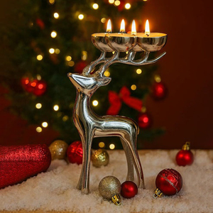 <b>Silver</b> Reindeer <b>Tea</b> Light Holder 4 Cup Antler Design Metal Candle Stand For Christmas Decoration Holiday Gifts & Home Tabletop - Product Image 1