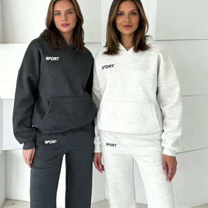 เสื้อฮู้ดดี้โอเวอร์ไซส์ปักลายผ้าฟลีซโพลีเอสเตอร์/คอตตอน หนักพิเศษ 500 GSM 350 GSM สำหรับผู้หญิง พร้อมกางเกงขาสั้น - Product Image 1