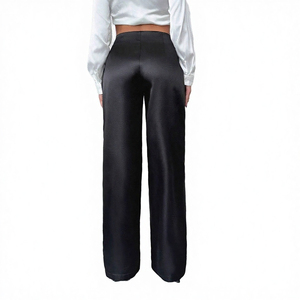 High Waist Satin Wide Leg Pants Women Solid Color Full Length Elastic Waist Breathable Regular Fit Pockets Spring Style - Product Image 2
