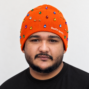 Gorro de Lana con Letras Gráficas de Diamantes de Imitación Naranjas Rexfit Sports para Invierno, Estilo Urbano, Bordado de Texto Personalizado, Unisex, Redondeado - Product Image 1