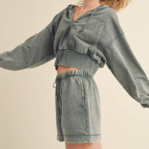 Ensemble court coupe droite respirant pour femme, décontracté, uni, été, écoresponsable, délavé à l'acide, haute qualité - Product Image 3