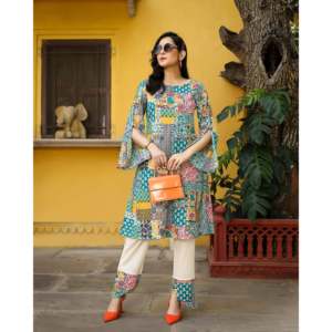 Ensemble Kurta pakistanais respirant pour femme Motley Patch en taille XS, tissu crêpe, haut à manches trois-quarts - Product Image 2