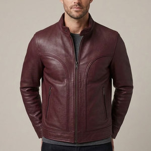 Veste en cuir de motard élégante pour homme, en cuir véritable, fermeture éclair intégrale, col montant, plusieurs poches, doublure douce - Product Image 3