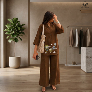 Ensemble Kurta en coton marron pour femme avec broderie montgolfière, tenue décontractée printemps-été pour le quotidien - Product Image 1