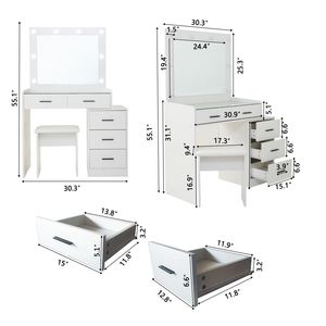 White Color Adjustable <b>Makeup</b> Vanity Dressing <b>Table</b> with 4 Drawers - Product Image 5