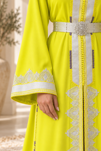 Mishkat Couture Plum <b>Velvet</b> Chartreuse Yellow Moroccan Caftan Silver Embroidery Breathable <b>Maxi</b> <b>Dress</b> V Neck <b>Long</b> <b>Sleeves</b> - Product Image 3