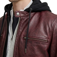 Blouson en cuir véritable pour homme, col montant enduit, à capuche, fermeture éclair frontale, coupe ajustée, chaud, style moto, décontracté, automne