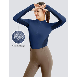 Camiseta de equitación de manga larga con cremallera de un cuarto para mujer, de calidad premium, azul marino, de secado rápido, con paneles de malla, para equitación, OEM ODM - Product Image 4