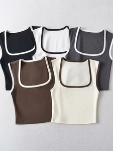 Woman Fashion Slim Solid Contrust Camis Casual Sleeveless <b>Tanks</b> <b>Square</b> Collar Crop <b>Tops</b> Clothing Streetwear - Product Image 2