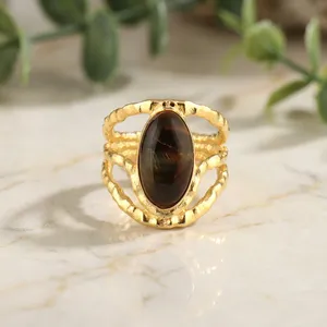 Natural Black <b>Tiger</b> <b>Eye</b> Oval Stone <b>Ring</b> Solid Brass 18k Gold Plated Three Layer Trendy Adjustable Wholesale Stylish Fashion <b>Ring</b> - Product Image 1