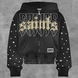 Sweat à capuche Eyre Sport Wear personnalisé avec impression numérique et strass, fermeture éclair thermocollée, 100 % coton épais, coupe classique - Product Image 3