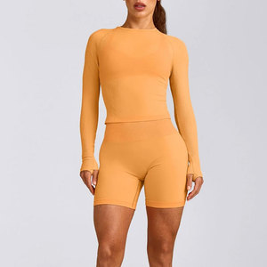 Custom <b>Thumb</b> Hole Design <b>Cuffs</b> Solid Color Long Sleeve Shirt Women Crop Length Pattern Workout Wear Fitness Tight Shirt - Product Image 3