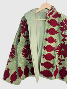 Veste en velours vert brodée à col mandarin, manches longues, motif floral, grande taille, vêtements d'automne pour femmes - Product Image 4