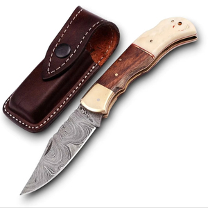 มีดพับคุณภาพสูงเหล็กดามัสกัสสำหรับแคมป์ปิ้ง ใบมีดแบบคลิปพอยต์ ด้ามทำจากกระดูกอูฐและไม้พะยูง ขายส่งแบบ OEM - Product Image 1