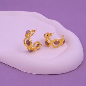 Diseñador gris piedra lunar piedra preciosa aro Stud pendientes hechos a mano chapado en oro de lujo declaración joyería al por mayor pendientes artesanales - Product Image 5