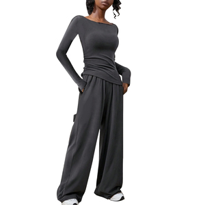 Conjunto de Yoga de 2 Piezas para Mujer, Top de Manga Larga con Cuello Redondo, Pantalones Anchos de Cintura Alta, Color Sólido, Transpirable, Spandex, Poliéster, para Entrenamiento - Product Image 1