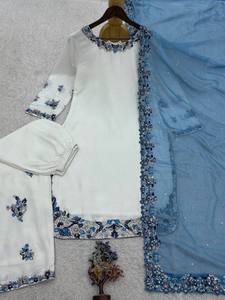 Ensemble Kurti Palazzo brodé blanc et bleu élégant avec dupatta en tulle – Tenue de soirée ethnique de créateur pour femme - Product Image 5