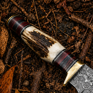 Couteau de camping Skinner en acier Damas fait main, manche en corne, étui en cuir, qualité DIY, OEM disponible, 10 pouces, pointe clip. - Product Image 2
